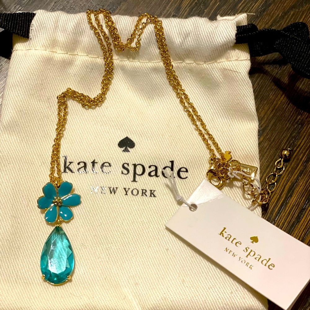 NWT Kate Spade necklace Gold Blue stone and flower